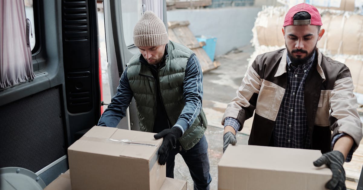 Two male workers loading packages into a delivery van, teamwork in logistics.